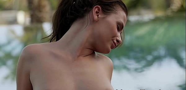  Brunette babe slow motion outdoor shaved pussy teasing